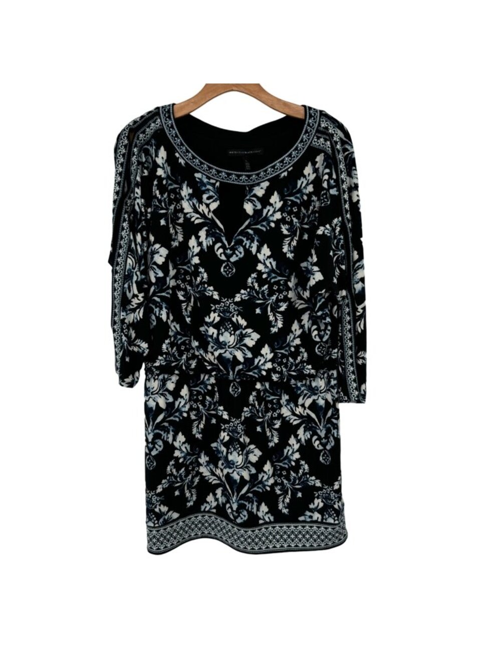 White House Black Market blue Floral Print Dress womens size large open sleeve